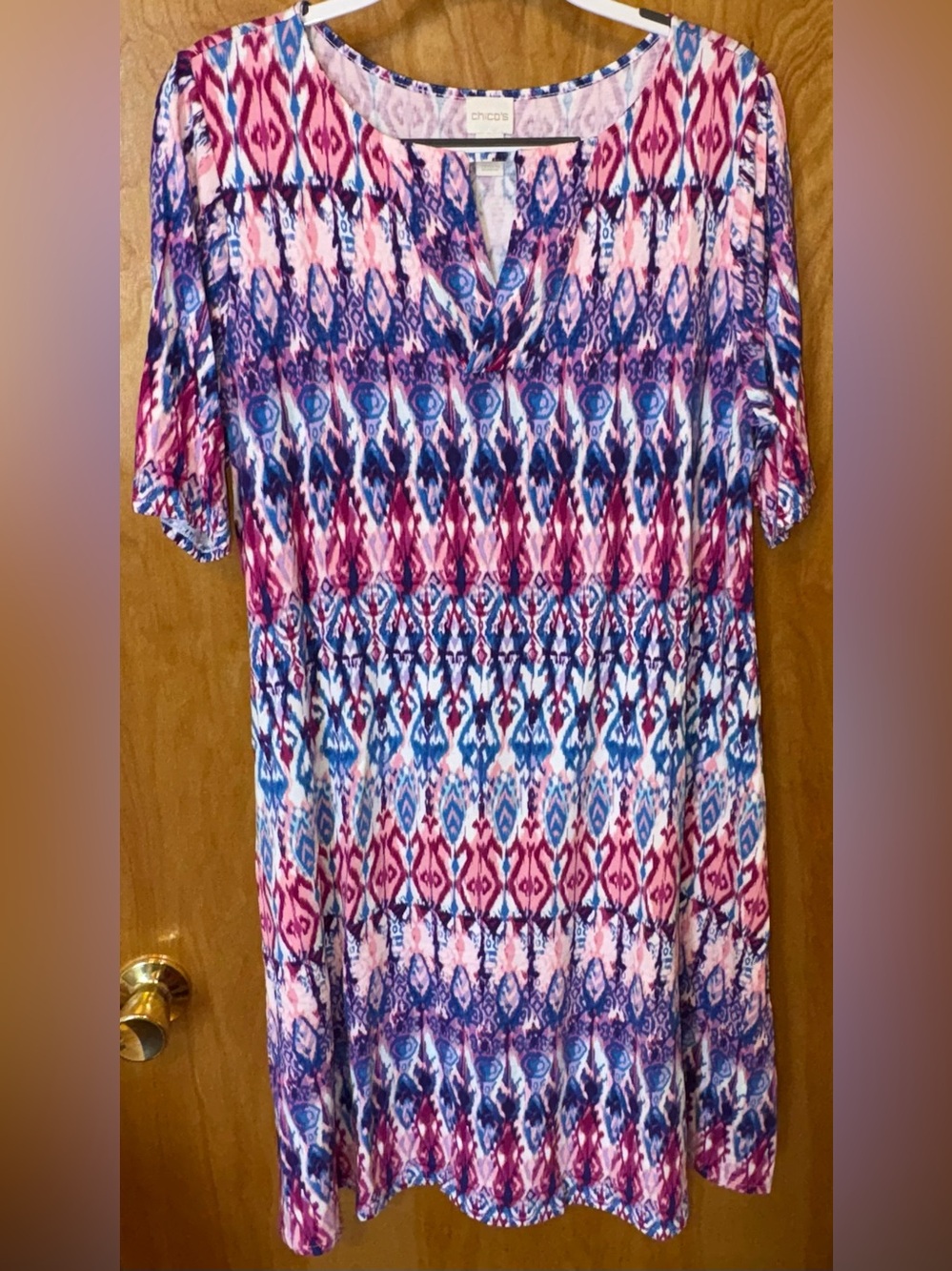 Chico’s purple/blue/pink printed short sleeve knit swing dress Size 2